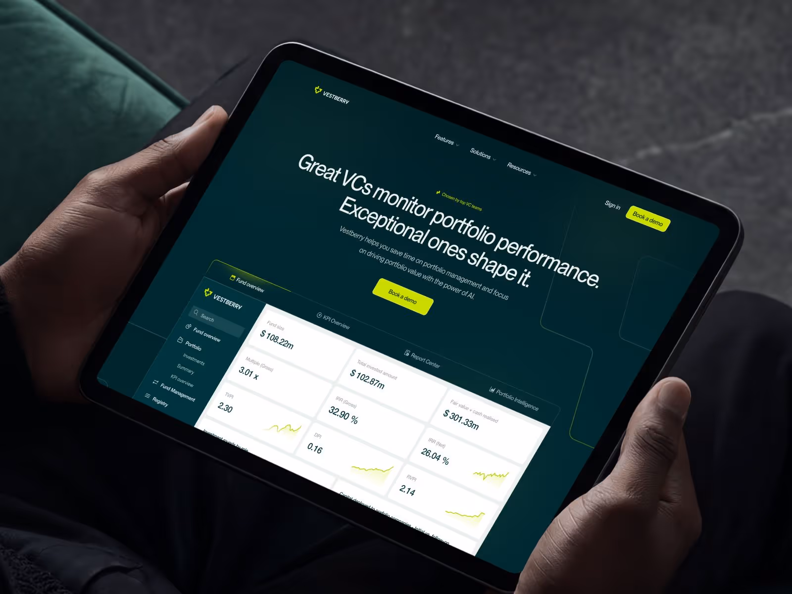 Vestberry.com homepage on a tablet - AI-driven VC portfolio management platform