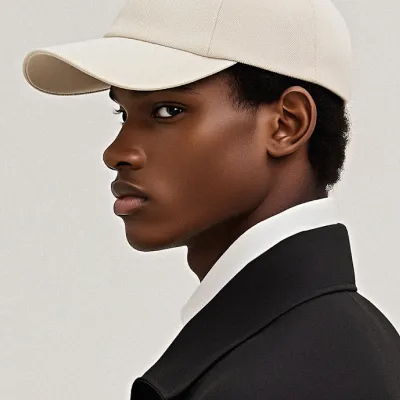 Side profile of a young person wearing a beige baseball cap and a black jacket with a white collar against a plain background.