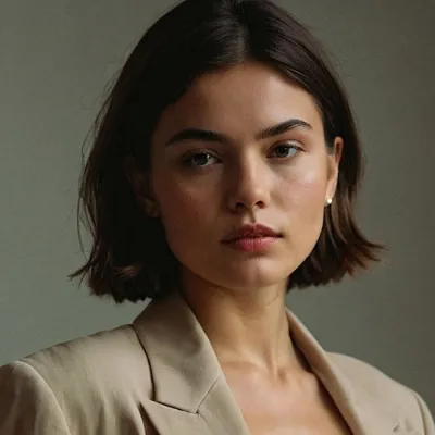 Portrait of a woman with short dark hair wearing a beige blazer against a neutral background.