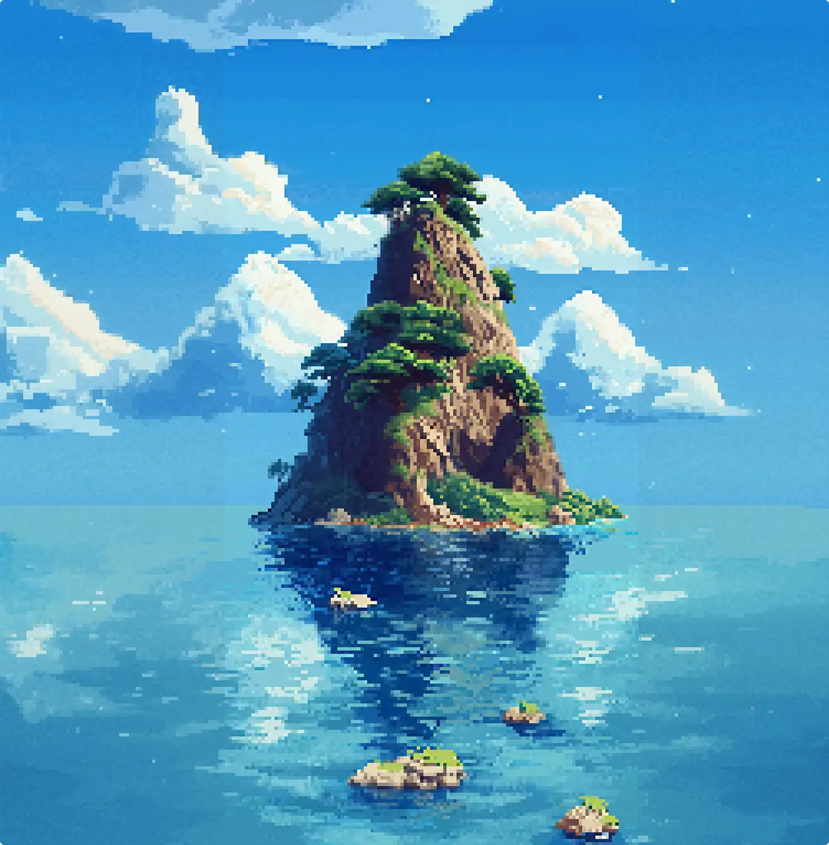 Pixel Art Insel mit steilem, stark bewachsenem Felsen, umgeben von ruhigem Meer und hellblauem Himmel mit Wolken