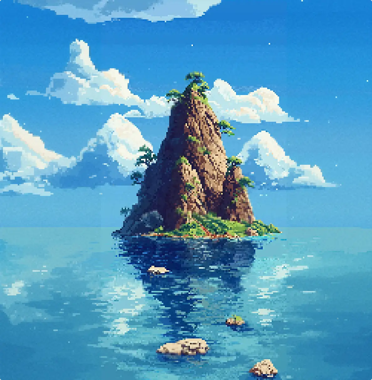 Pixel Art Insel mit steilem Felsen, grünen Bäumen und ruhigem, blauem Meer unter einem Himmel mit weißen Wolken