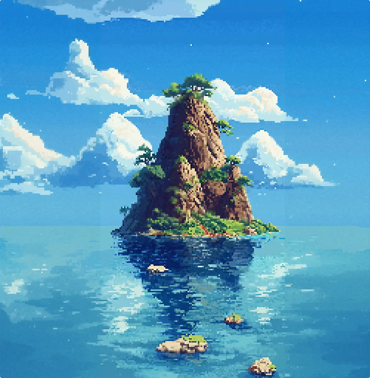 Pixel Art Insel mit hohem Felsen, bewachsen mit Bäumen, umgeben von klarem, blauem Wasser unter einem Himmel mit weißen Wolken