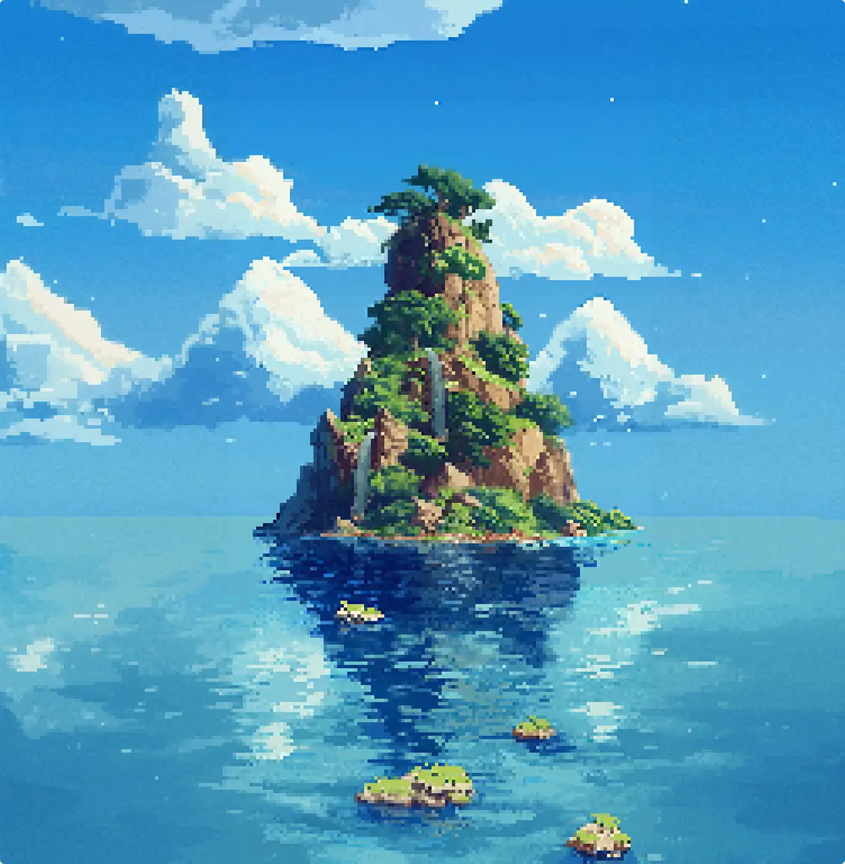 Pixel Art Insel mit steilem, sehr stark bewachsenem Felsen, lebensfroh mit Wasserfällen als würde Leben auf der Insel entstehen. Umgeben von ruhigem Meer und hellblauem Himmel mit Wolken