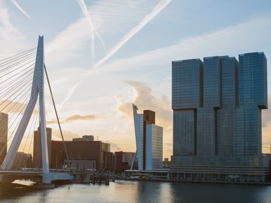 De Erasmusbrug en moderne hoogbouw aan het water in Rotterdam bij zonsondergang.