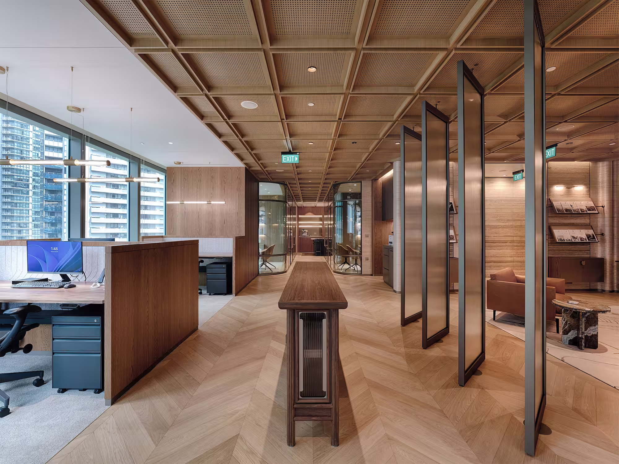 Silvercrest Singapore office corridor showing marble wall cladding and brass trim detail along the circulation route