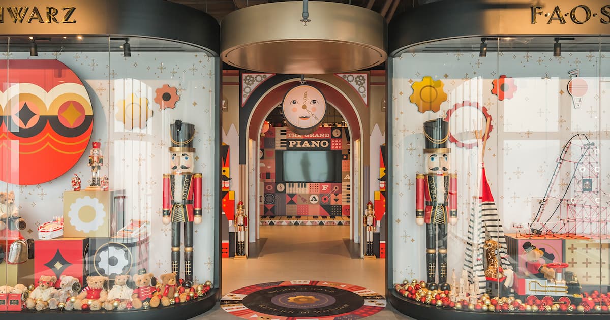 FAO Schwarz toy-store window display with festive nutcracker and teddy-bear scene, Hong Kong